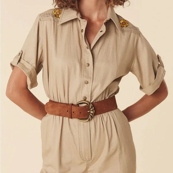 Spell Foxglove Embroidered Boiler Suit in Khaki - Picture 6 of 11